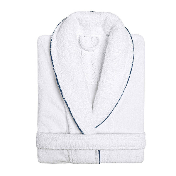 'Portobello' Egyptian Cotton Bath Robe- White Bath Robe with Oxford Blue  edging around the collar and edge