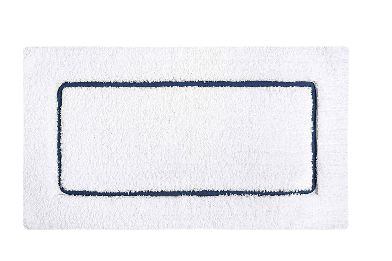 'Portobello' Egyptian Cotton Bath Mat (60x100cm) - White Mat with thin Oxford Blue Mid Border