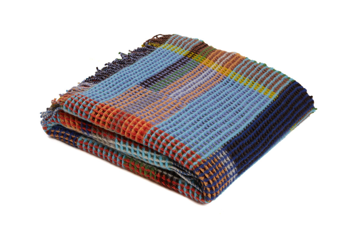 Couverture nid d'abeille 100 % laine d'agneau mérinos turquoise/verte Wilding