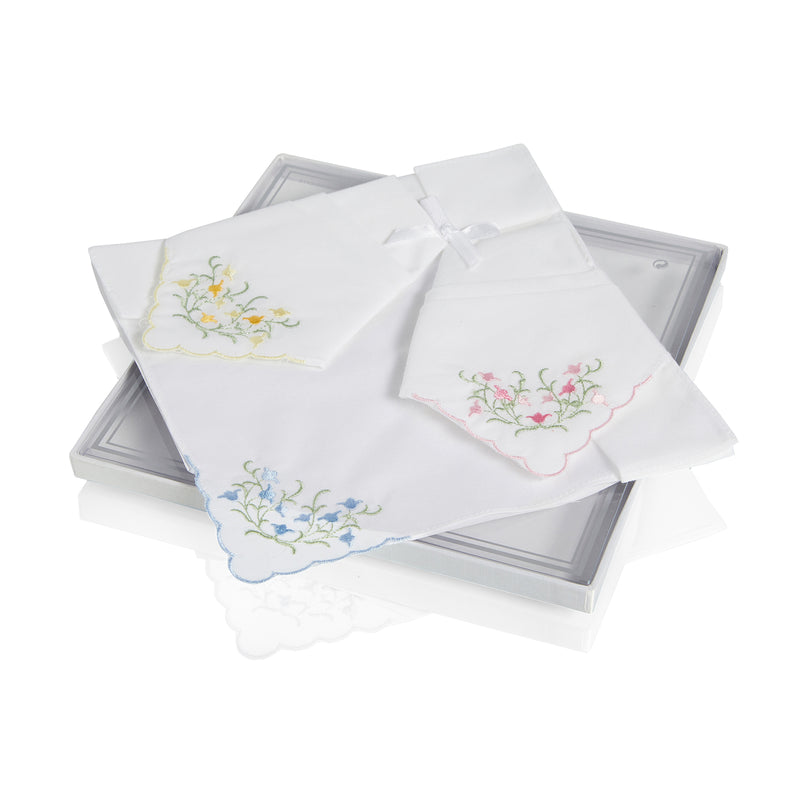 Set of 3 Ladies 'Embroidered Floral' Cotton Handkerchiefs