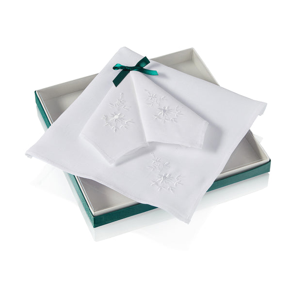 Set of 3 Ladies White 'Floral' Irish Linen Handkerchiefs