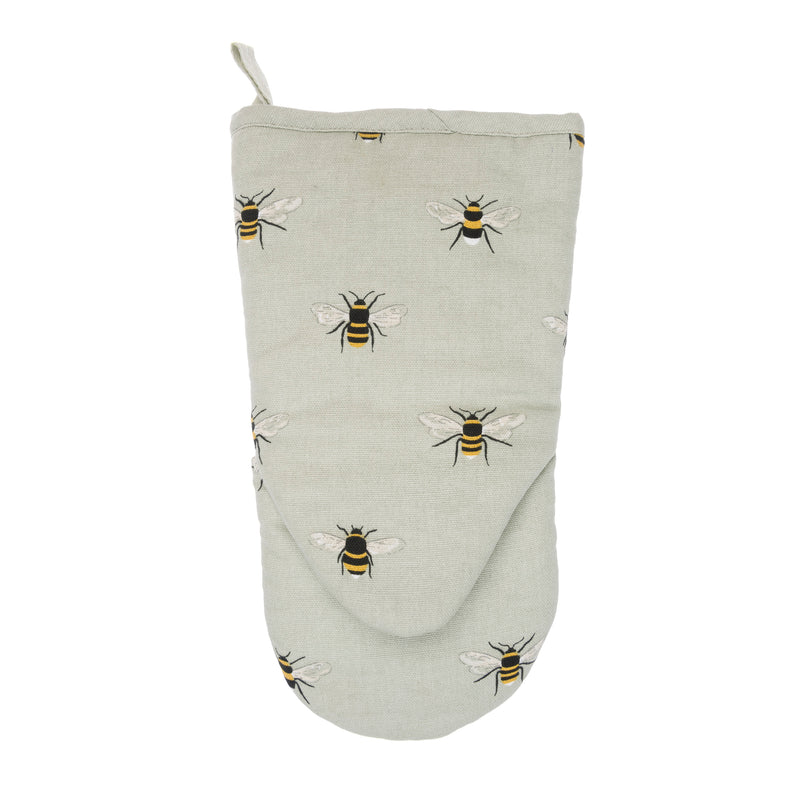 Reverse view of Sophie Allport Bees Cotton Oven Mitt - Bees on a beige background