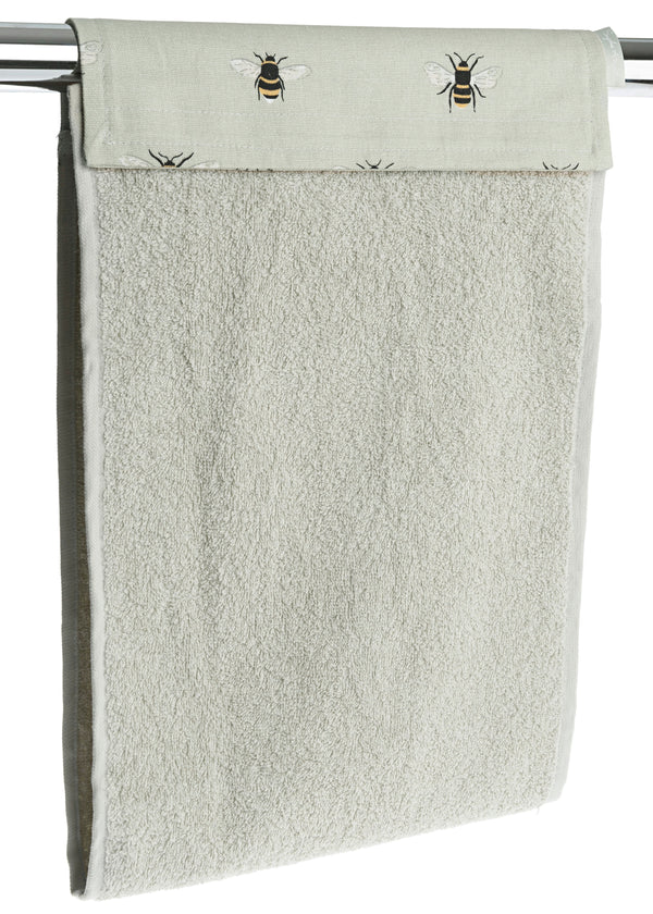 Sophie Allport Bees Cotton Roller Hand Towel. A plain beige roller hand towel with a lovely bee header. Angled view